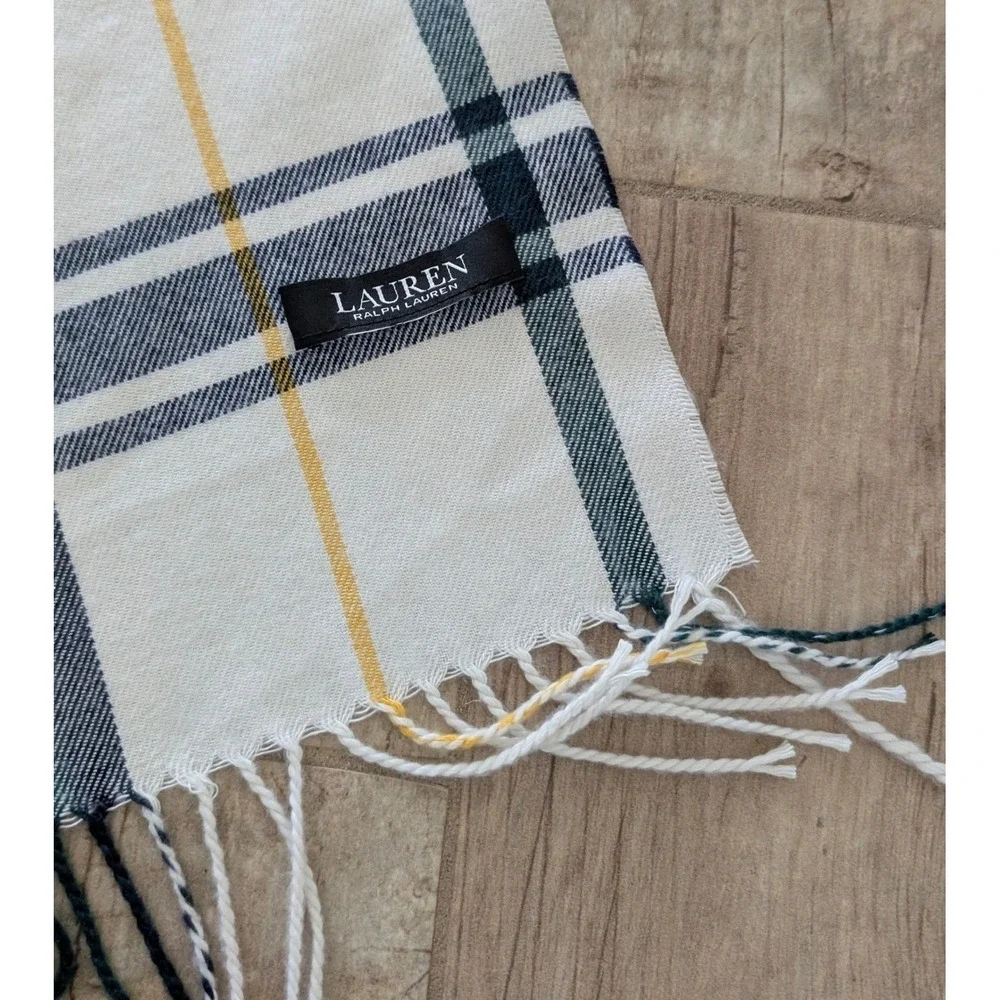 Ralph Lauren Plaid Scarf Cream Navy Green Red Yellow Fringe 72